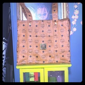 MCM Cognac Monogram Visetos Shopper Tote with Zip